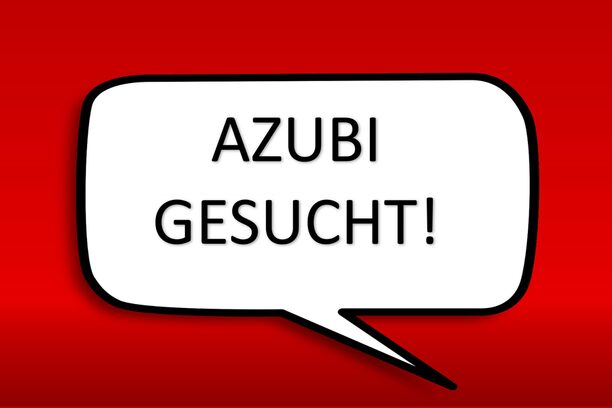 Sprechblase "AZUBI GESUCHT!" vor einem roten Hintergrund